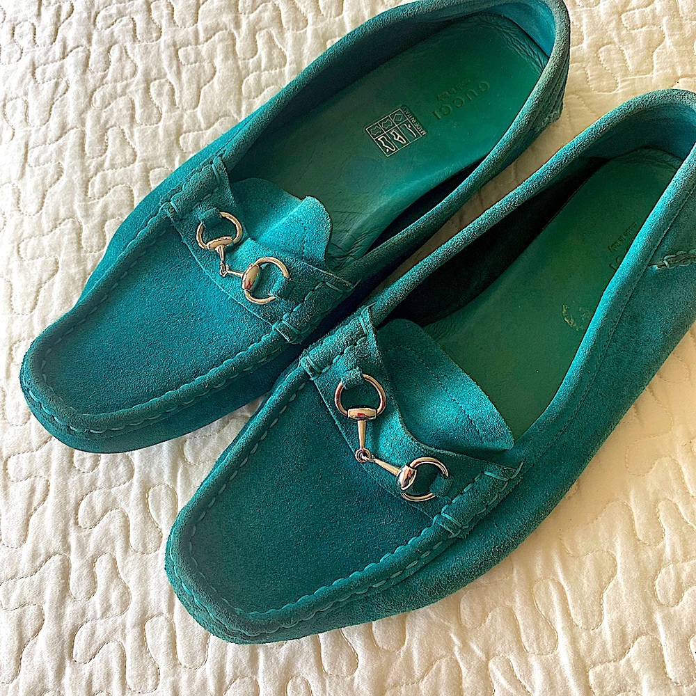 GUCCI Turqouise Suede Driving Moccasins Horsebit Detail Size 9.5B